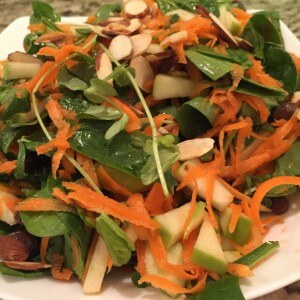 This is the Danish Carrot Salad from the Low Iodine Cookbook by Thyca.org. I mixed it with Spinach & Sprouts I had from the farmers market and tossed it with lemon and tangerine balsamic vinegar.